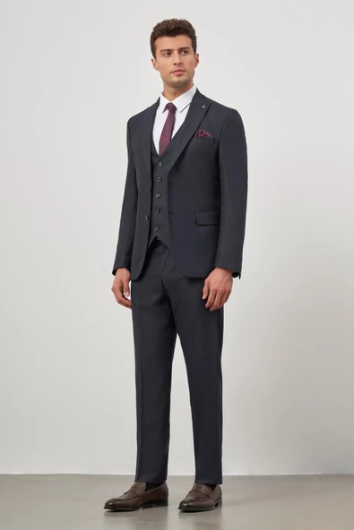 Lacivert Kırlangıç Yaka Çizgili Yelekli 6 Drop Slim Fit Tam Astar Yünlü Takım Elbise 1001245153 ürün görseli 1
