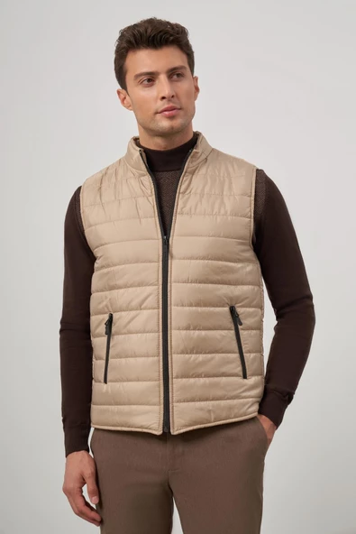 Bej Kapitone Dik Yaka Düz Garnisiz-Biyesiz Slim Fit Yelek 1009245150 ürün görseli 1