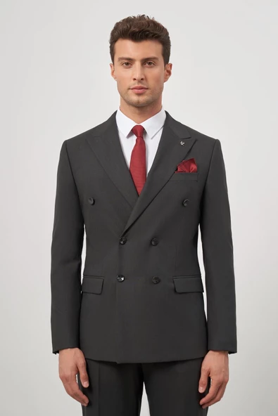 Siyah Kırlangıç Yaka Çizgili Kruvaze 6 Drop Slim Fit Tam Astar Esnek Takım Elbise 1001245157 ürün görseli 1