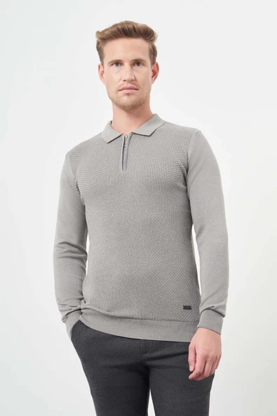 Gri Uzun Kol Kendinden Desenli Örme Polo Yaka Classic Comfort Fit Triko 1012245156 ürün görseli 1