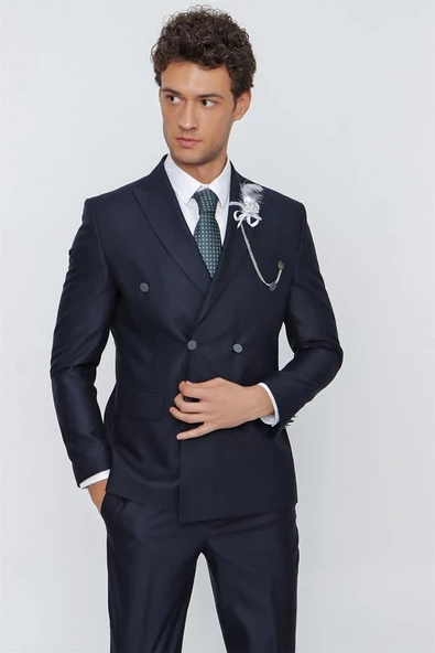 Koyu Lacivert Gabardin Kırlangıç Yaka Tam Astar Kruvaze 6 Drop Slim Fit Dar Kesim Takım Elbise 1001225175 ürün görseli 1