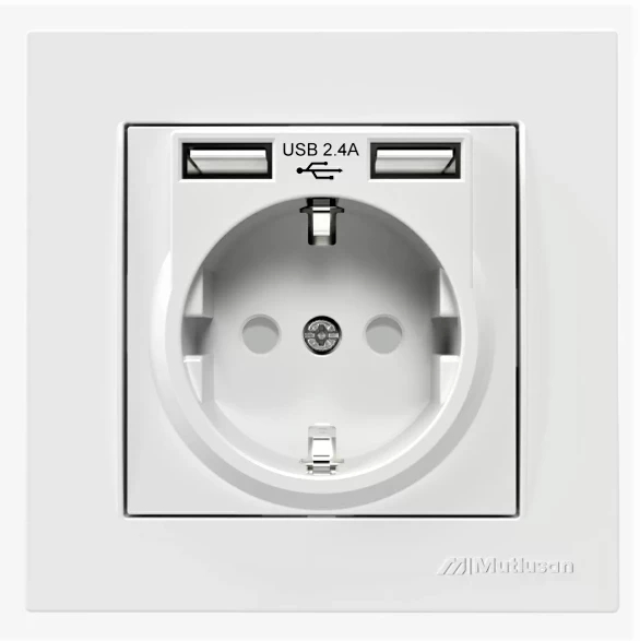 Çift Usb'li Topraklı Priz Beyaz (2.4A HIZLI ŞARJ ÇOCUK KORUMA) Usb Girişli Priz Beyaz ürün görseli 1