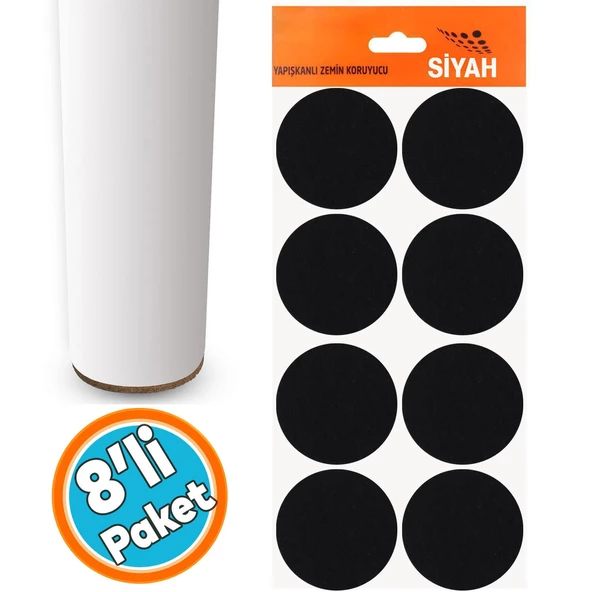 Yapışkanlı Zemin Koruyucu Keçe 50 mm (8'li PAKET) Masa Sandalye Mobilya Koltuk Ayak Keçesi Siyah ürün görseli 1