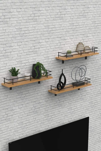 Modern Tasarımlı Metal Korkuluklu Ahşap Duvar Rafı Üçlü ürün görseli 1