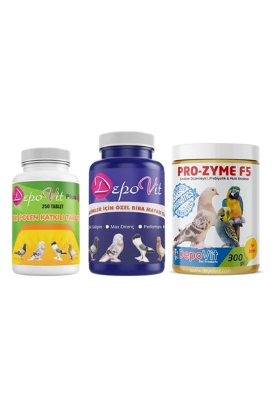3 Lü Güvercin Yavru Bakım Ve Sağlık Seti-Depovit 300Gr Prozyme+Depovit Yavru Hapı+Depovit Arı Polen ürün görseli 1