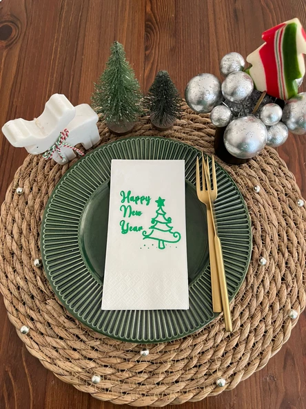 Yeşil Yaldızlı Beyaz Happy New Year Çam Ağacı Peçete 16 lı ürün görseli 1