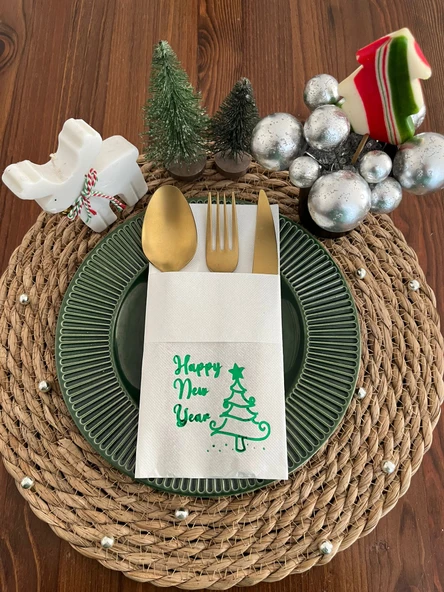 Yeşil Yaldızlı Beyaz Cepli Happy New Year Çam Ağacı  Peçete 12 Adet 40x40 ürün görseli 1