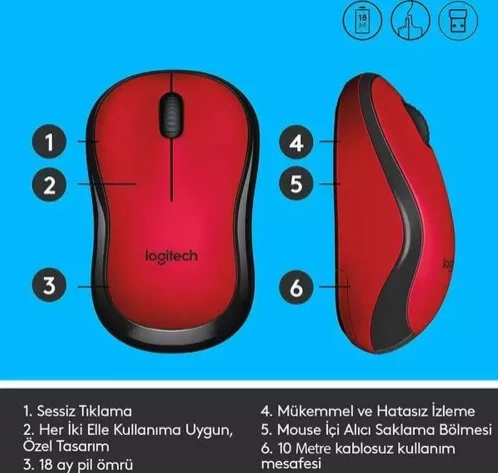 Logitech M220 910-004880 Kırmızı Sessiz Optik Kablosuz Mouse - Resim 6