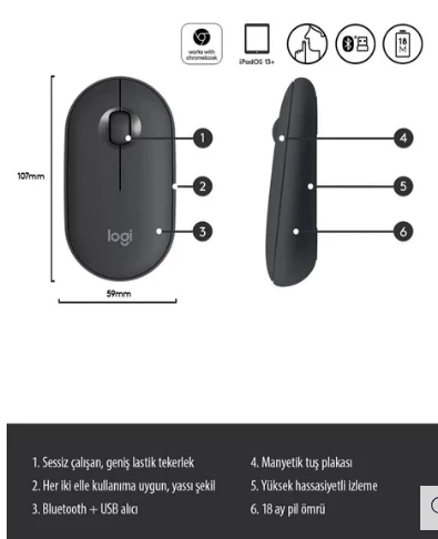 Logitech Pebble M350 Sessiz Optik Kablosuz Mouse - Siyah - Resim 3