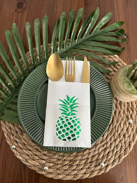 Yeşil Yaldızlı Beyaz Cepli Ananas Peçete 12 Adet 40x40 ürün görseli 1