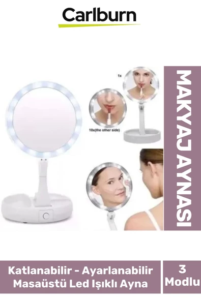 Katlanabilir 3 Modlu Ayarlanabilir Masaüstü Mini Cep Boyu Açılı Piili Led Işıklı Beyaz Makyaj Ayna ürün görseli 1