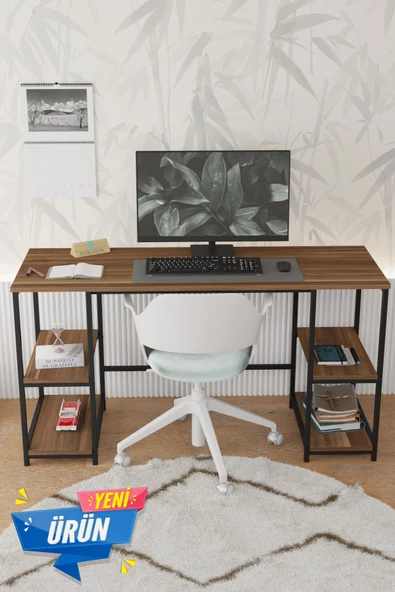 Durusilya Mobilya Metal Çalışma Bilgisayar Ofis Masası Kitaplıklı 140x50 Cm Ceviz Metal, One Size ürün görseli 1