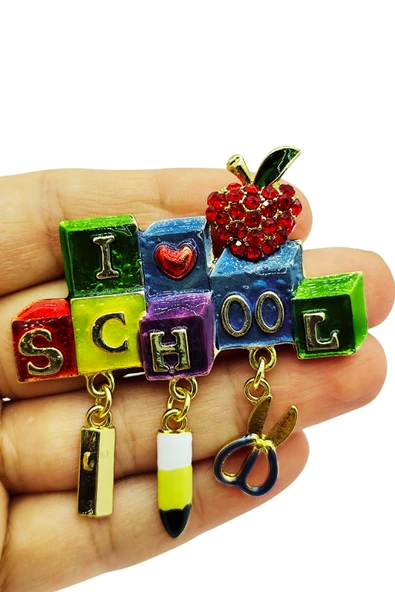 Okul Sevgisini Gösteren I Love School Bloklu Renkli Broş ürün görseli 1