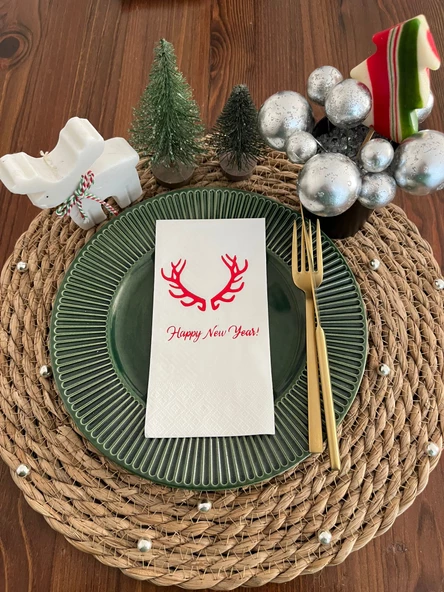 Kırmızı Yaldızlı Beyaz Happy New Year Geyik Boynuzu Peçete 16 lı ürün görseli 1