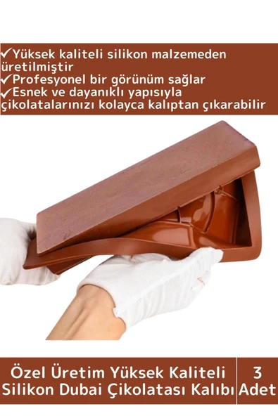Özel Üretim Kaliteli Yüksek Isıya Dayanıklı Esnek Silikon Dubai Çikolatası Kalıbı 3 Adet ürün görseli 1