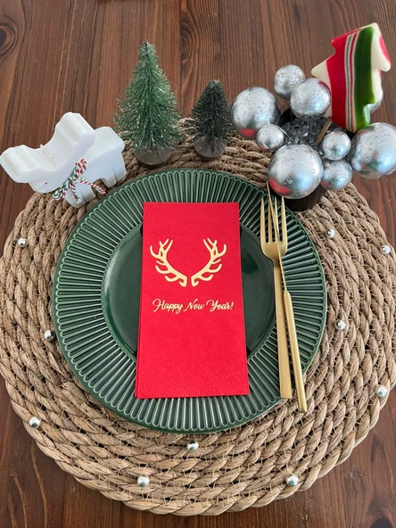 Gold Yaldızlı Kırmızı Happy New Year Geyik Boynuzu Peçete 16 lı ürün görseli 1