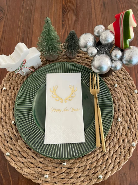 Gold Yaldızlı Beyaz Happy New Year Geyik Boynuzu Peçete 16 lı ürün görseli 1
