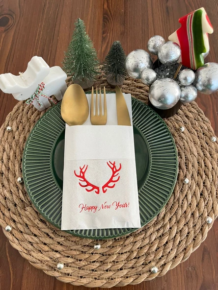 Kırmızı Yaldızlı Beyaz Cepli Aır Touch Happy New Year Geyik Boynuzu Peçete 12 Adet 40x40 ürün görseli 1