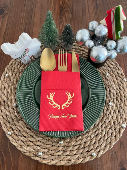 Gold Yaldızlı Kırmızı Cepli Aır Touch Happy New Year Geyik Boynuzu Peçete 12 Adet 40x40 ürün görseli 1