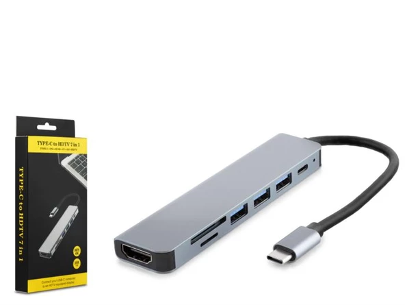 Hadron HDX7835 Type-C - 3xUSB 3.0 + Type-C + HDMI 4K 30Hz + Kart Okuyucu 7in1 Dönüştürücü Adaptör - Gri ürün görseli 1