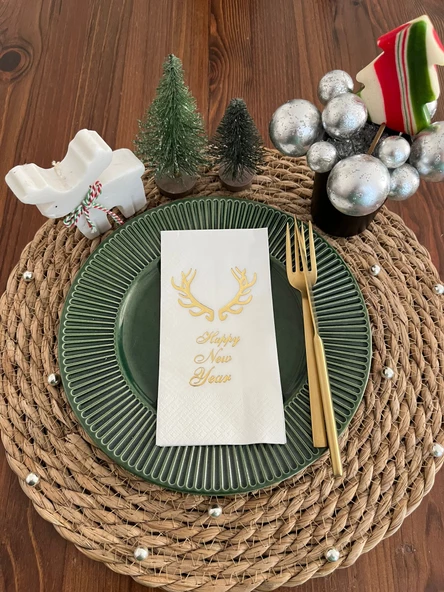 Gold Yaldızlı Beyaz Happy New Year Küçük Geyik Boynuzu Peçete 16 lı ürün görseli 1