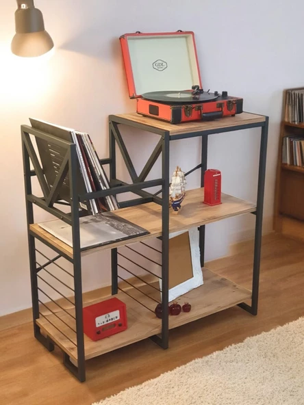 DEKORATİF PLAK STANDI METAL GÖVDELİ AHŞAP RAFLI PİLAK KÖŞESİ DRESUAR ürün görseli 1