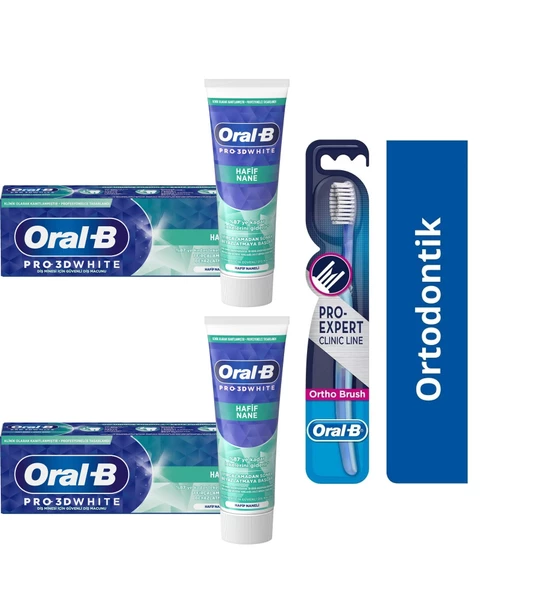 Oral-B Pro 3d White Hafif Nane Diş Macunu 75 Ml + Oral-B Pro-Expert Clinic Line Ortodontik 35 Yumuşak Diş Fırçası 2+1 Adet ürün görseli 1