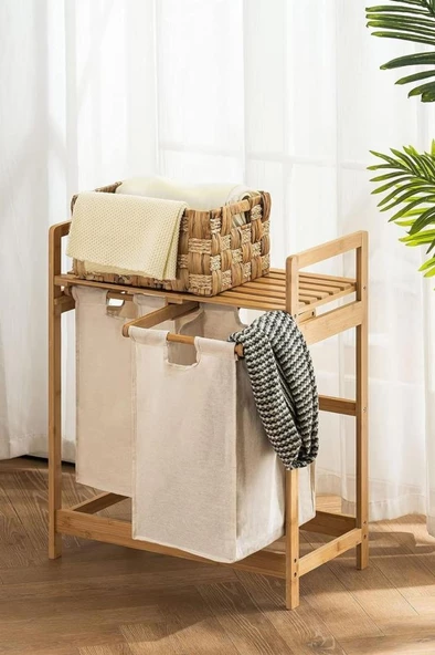 Digithome Bambu 2 Bölmeli Kirli Sepetli Çamaşır Sepeti Raflı Banyo Düzenleyici DB-0007 ürün görseli 1