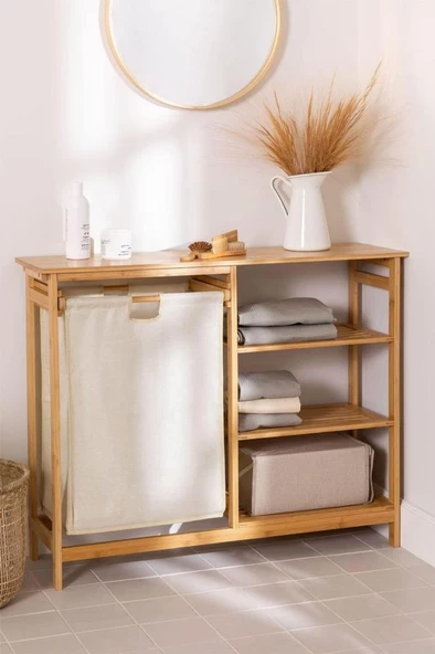 Digithome Bambu 3 Raflı 1 Bölmeli Kirli Sepetli Banyo Düzenleyici Çamaşır Sepeti Organizer DB-0008 ürün görseli 1