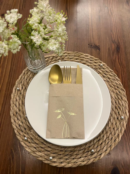Gold Yaldızlı Kraft Cepli Havuç Çiçeği Peçete 12 Adet 40x40 ürün görseli 1