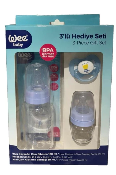 Mavi Wee Baby 3lü Hediye Seti MAVİ (Cam Biberon,Alıştırma Bardağı Ve Emzik) ürün görseli 1
