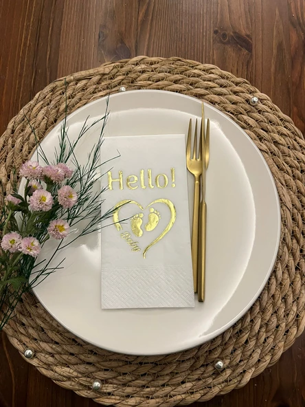 Gold Yaldızlı Beyaz hello Baby Ayaklı Peçete ürün görseli 1