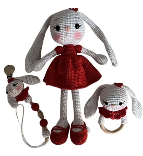 Uzun Kulak Kırmızı Tavşan Seti Amigurumi Organik Oyuncak ürün görseli 1