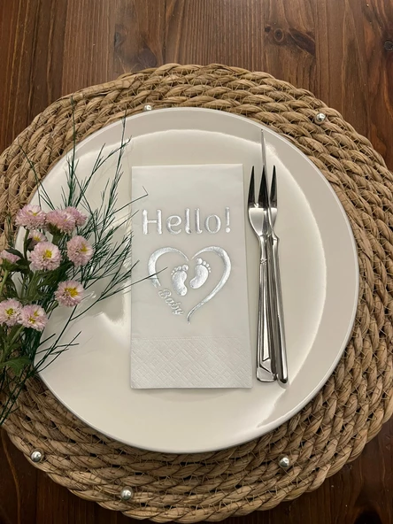 Gümüş Yaldızlı Beyaz hello Baby Ayaklı Peçete 16 Adet ürün görseli 1