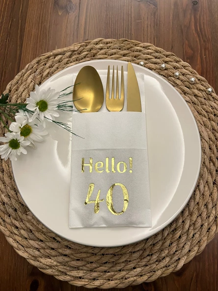 Gold Yaldızlı Beyaz Cepli Hello Kırk Yaş Peçete 12 Adet 40x40 ürün görseli 1