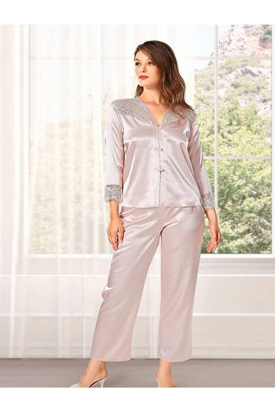 Kadın EKRU Saten Çeyiz Seti 6 Parça Dantelli Sabahlık Gecelik Pijama Şortlu Takım 2XL  8610 ürün görseli 1
