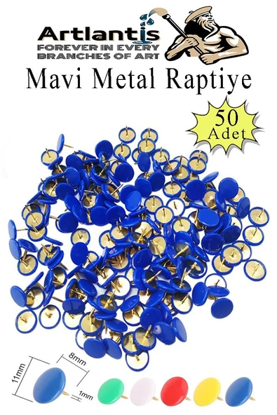 Mavi Raptiye 50 Adet 1 Paket Renkli Pvc Kaplı Başlıklı Raptiye Plastik Yuvarlak Düğmeli Raptiye Pano Okul Ofis Büro Ev ürün görseli 1