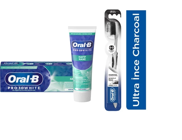 Oral-B Pro 3d White Hafif Nane Diş Macunu 75 Ml + Oral-B Pro Health Kömürlü Diş Fırçası 1 + 1 Adet ürün görseli 1
