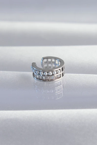 Pirinç Gümüş Renk İncili Baget Taşlı Earcuff Küpe - TJ-BKP9338 ürün görseli 1