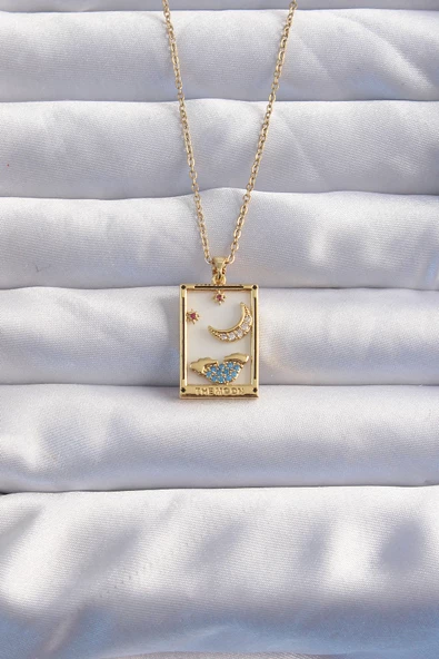 316L Çelik Zincir Gold Renk Ay Detay Mavi Zirkon Taşlı Tarot Kolye - TJ-BKO8980 ürün görseli 1