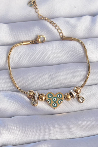 316L Çelik Gold Renk Zirkon Taşlı Nazarlı Kalp Tasarımlı Bileklik - TJ-BB6199 ürün görseli 1