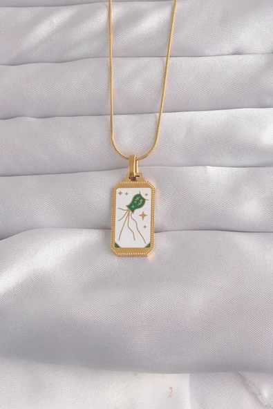 316L Çelik Gold Renk Beyaz Mineli Tarot Kolye - TJ-BKO9039 ürün görseli 1