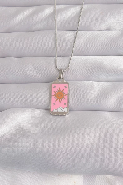 316L Çelik Gümüş Renk Pembe Mineli Güneş Model Tarot Kolye - TJ-BKO9043 ürün görseli 1