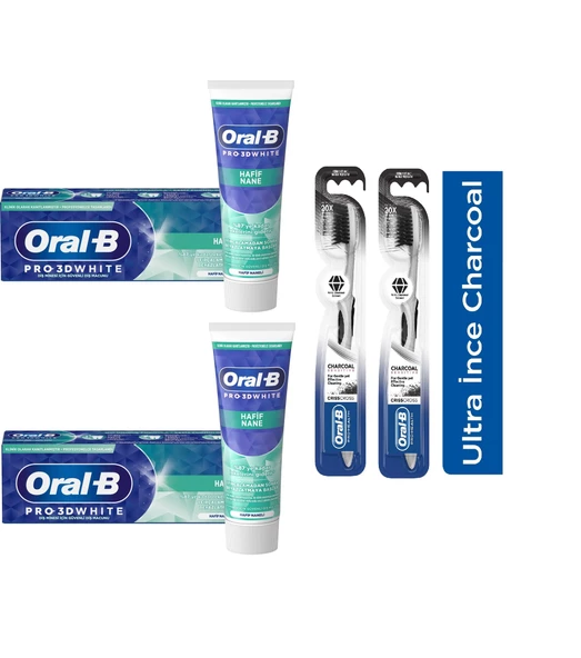 Oral-B Pro 3d White Hafif Nane Diş Macunu 75 Ml + Oral-B Pro Health Kömürlü Diş Fırçası 2 + 2 Adet ürün görseli 1