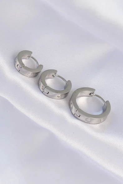 316L Çelik Gümüş Renk Zirkon Taşlı Cartier Model 3lü Halka Küpe - TJ-BKP9008 ürün görseli 1