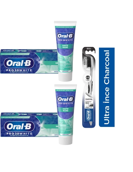 Oral-B Pro 3d White Hafif Nane Diş Macunu 75 Ml + Oral-B Pro Health Kömürlü Diş Fırçası 2 + 1 Adet ürün görseli 1