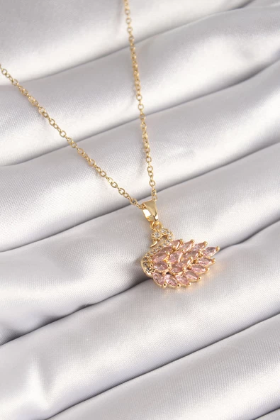 316L Çelik Gold Renk Zincir Pembe Zirkon Taşlı Kuğu Model Kadın Kolye ürün görseli 1