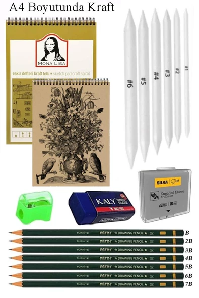 A4 Kraft Eskiz Defteri Spiralli 50 Yaprak Karakalem Çizim Seti Gölgelendirme Kalemi Hamur Silgi Fatih Dereceli Kalem Hob ürün görseli 1