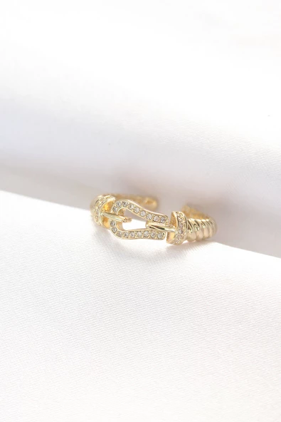 Kemer Tokası Tasarımlı Gold Renk Zirkon Taşlı Ayarlanabilir Yüzük - TJ-BYK3099 ürün görseli 1