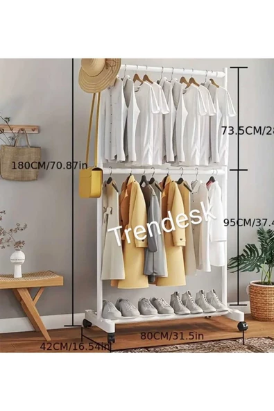 TRENDESK Metal Beyaz Çift Askılı Elbise Askılığı Konfeksiyon Askılık Tekerlekli 6009 ürün görseli 1